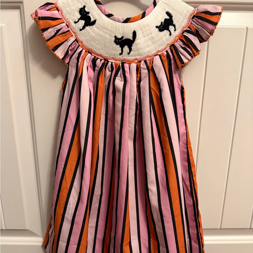 Striped Pink and Orange Kids Dress with Cat Embroidery